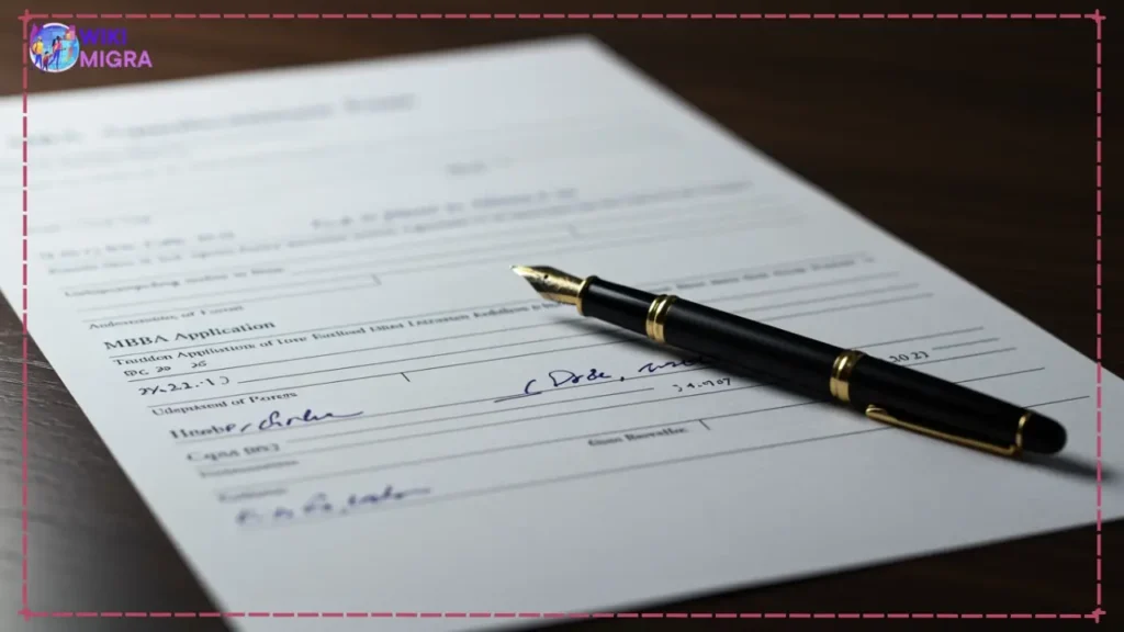 MBA application form being completed with attention to detail showing required documents for business school admission