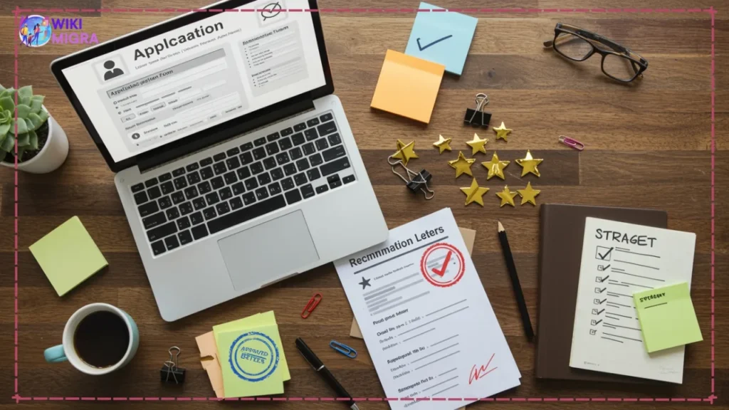 Overhead view of organized desk with MBA application materials including resume and recommendation letters for GMAT-waiver programs