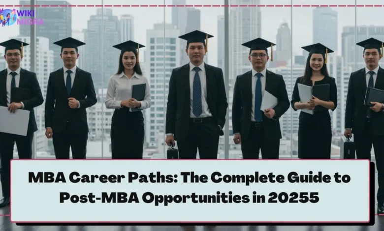 A diverse group of MBA graduates in business attire standing confidently in a modern office environment, symbolizing success and opportunity in MBA career paths.