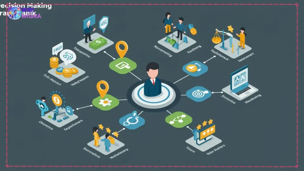 Business professional at center of decision flowchart with ROI symbols, location pins, ranking stars, networking icons, and career ladder elements for MBA program selection.