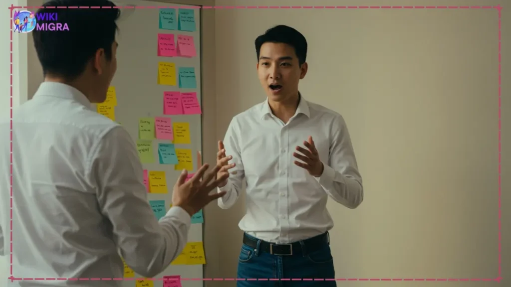 MBA candidate practicing interview responses with common business school interview questions displayed
