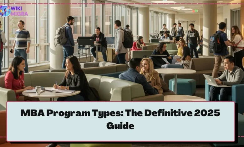 A diverse group of students engaged in a discussion in a modern classroom setting, exploring different MBA program types.