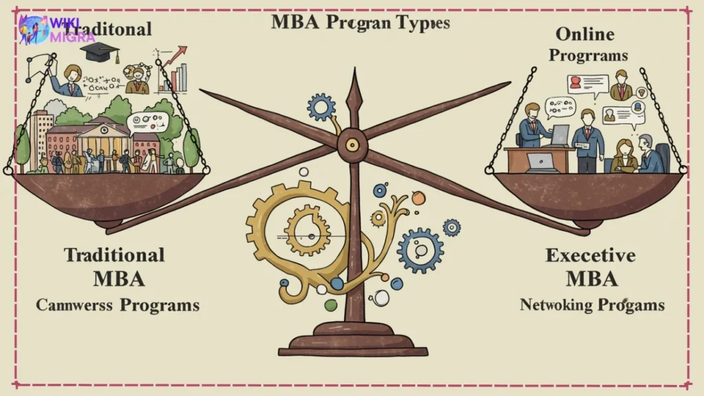 An infographic illustrating the differences between full-time, part-time, and online MBA programs, highlighting key features and benefits.