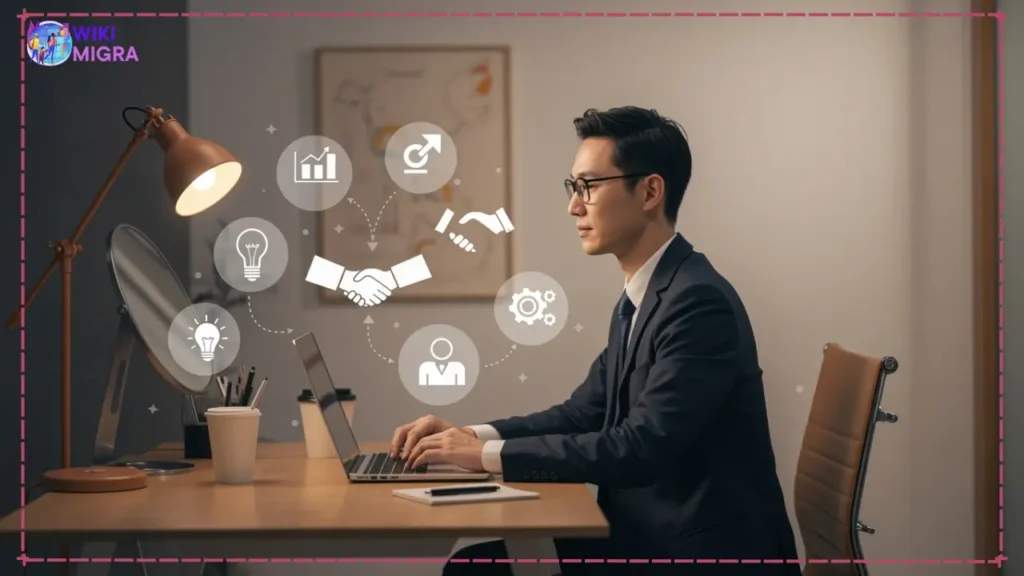 Professional person at desk surrounded by career path icons including innovation lightbulb, consulting handshake, finance graphs, and healthcare symbols for MBA goal assessment.