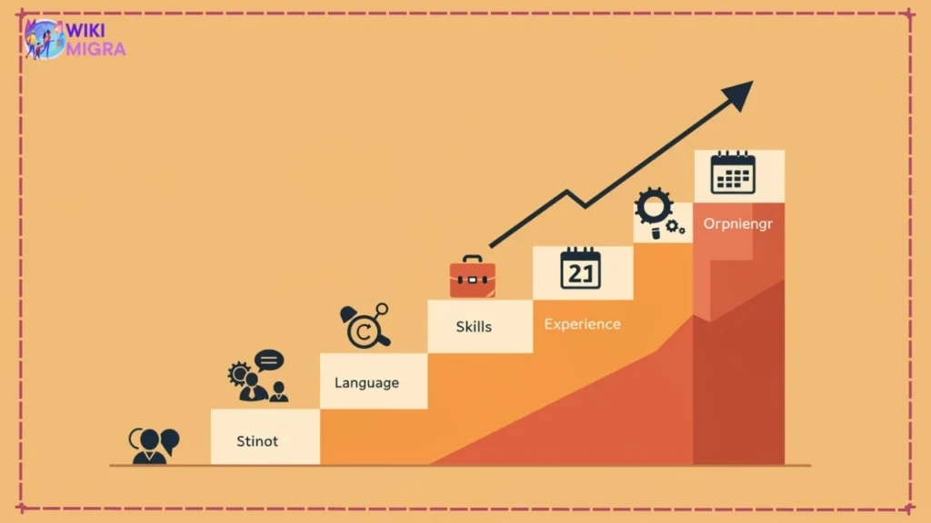 Stylized ascending staircase with skill icons, illustrating strategies to maximize Germany Opportunity Card points.