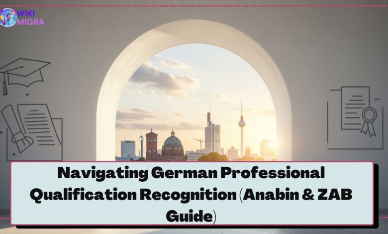 Stylized modern gateway opening to a bright German city skyline, symbolizing career opportunities in Germany through Anabin and ZAB qualification recognition.