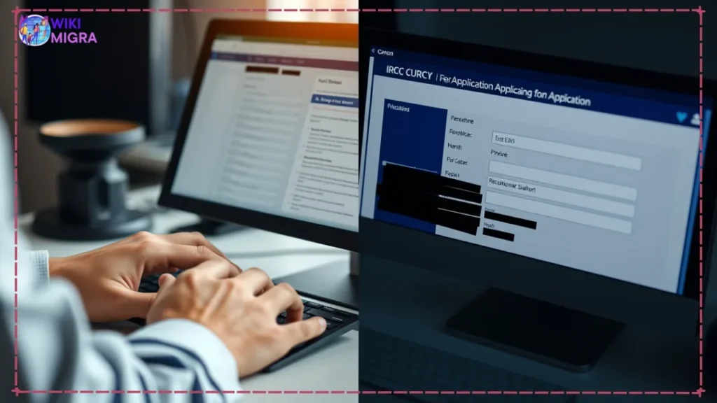 Person completing the Canada study permit online application form on computer, showing the user interface of the IRCC secure portal where international students apply for Canadian student visa online.