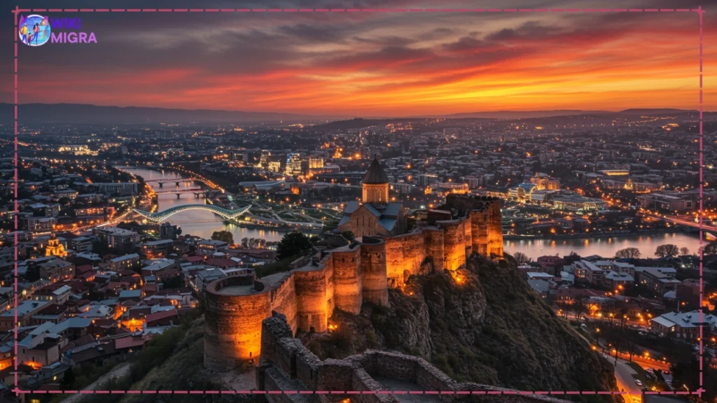 Narikala Fortress illuminated at night, overlooking the city of Tbilisi, Georgia.