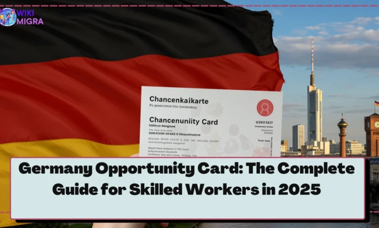 Germany Opportunity Card (Chancenkarte) document with German flag and city skyline background