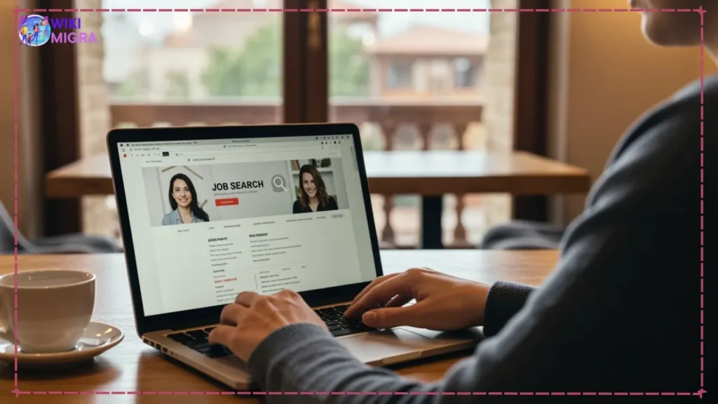 Person using a laptop to browse an online job search website for opportunities in Georgia, depicting job search strategies for foreigners.