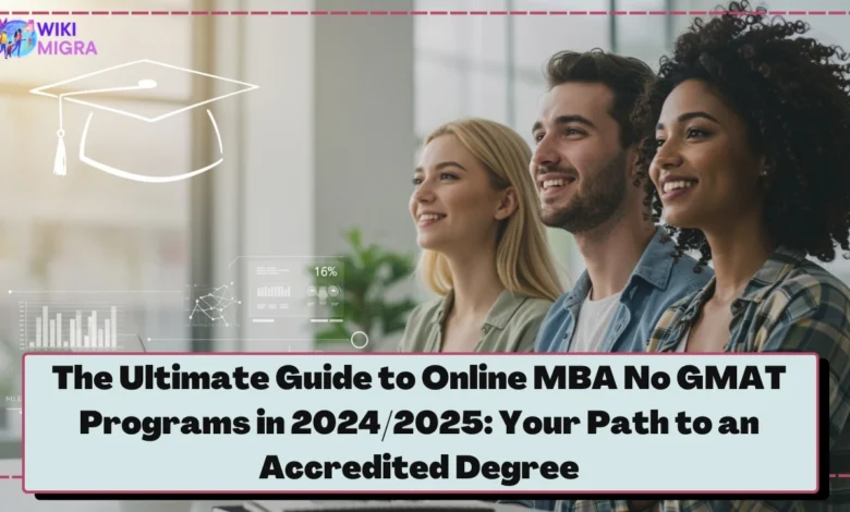 Three diverse professionals smiling and looking towards the future, symbolizing accessible online MBA no GMAT success.