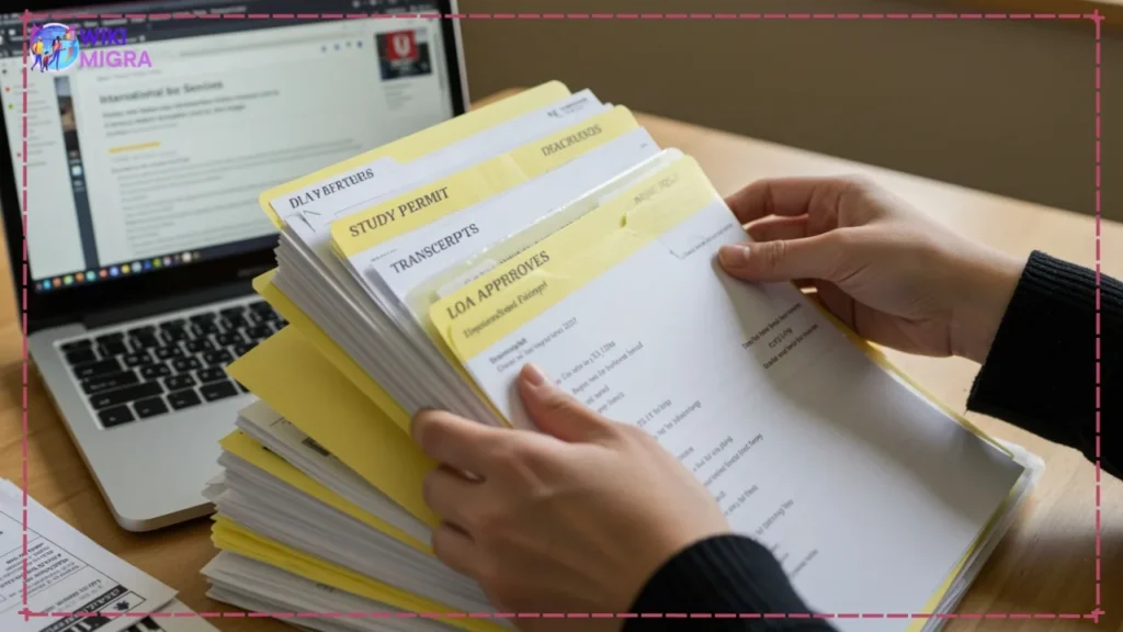 Overhead view of student hands organizing crucial documents like study permits, transcripts, and Leave of Absence approvals into folders for PGWP application readiness.