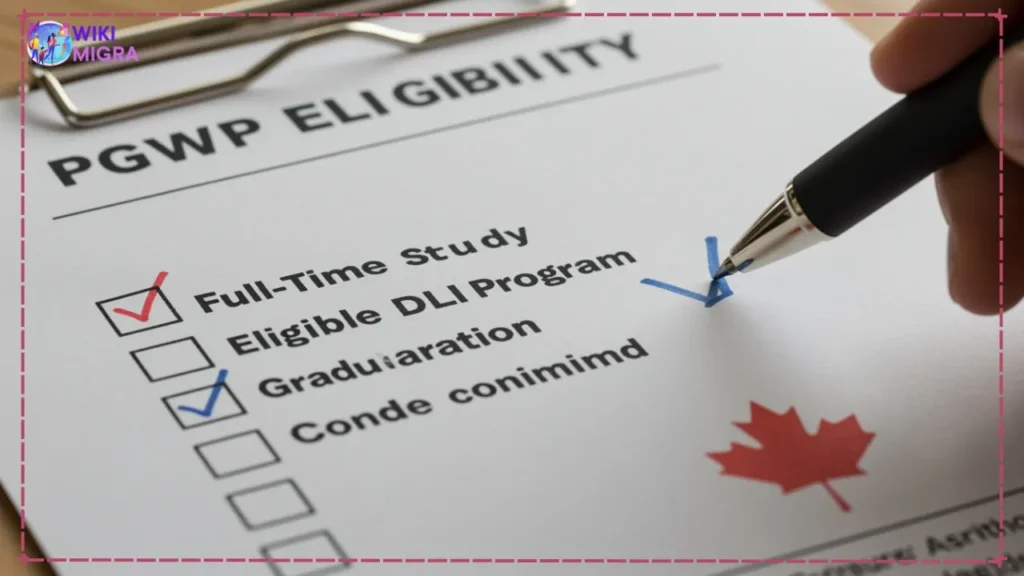 Close-up photo of a PGWP Eligibility checklist on a clipboard with requirements like 'Full-Time Study' being checked off, emphasizing the criteria for the work permit.