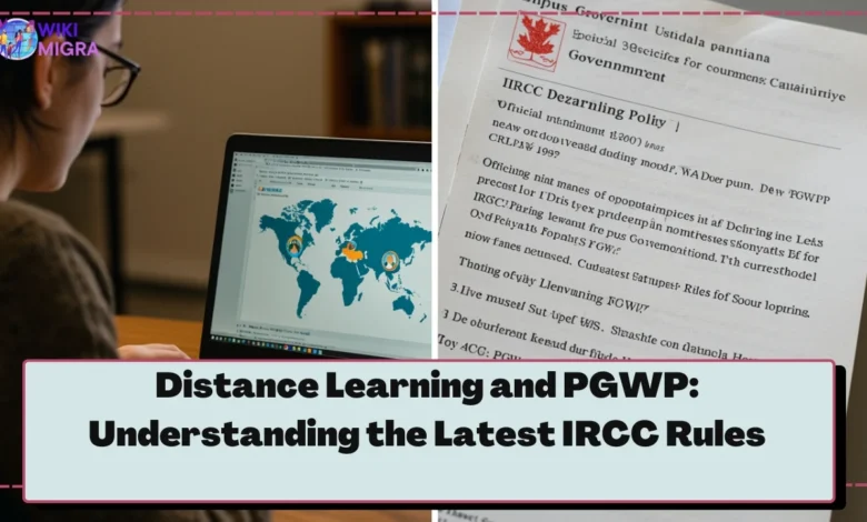 Split image showing student in online class and official IRCC distance learning policy document for PGWP eligibility.