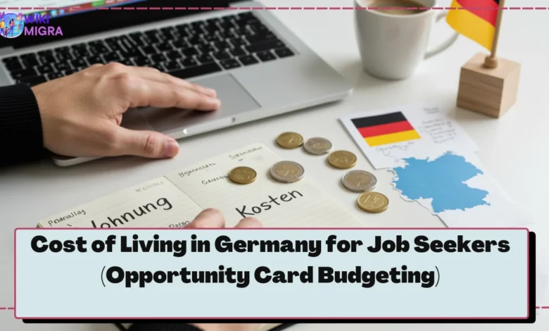 Desk with laptop showing budget spreadsheet, notebook with German expense terms, and Euro coins, symbolizing planning for the cost of living in Germany as a job seeker.