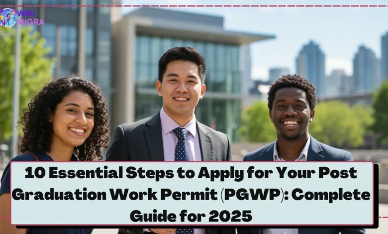 Smiling diverse graduates outside Canadian university, celebrating completion and ready for careers via the Post Graduation Work Permit (PGWP).