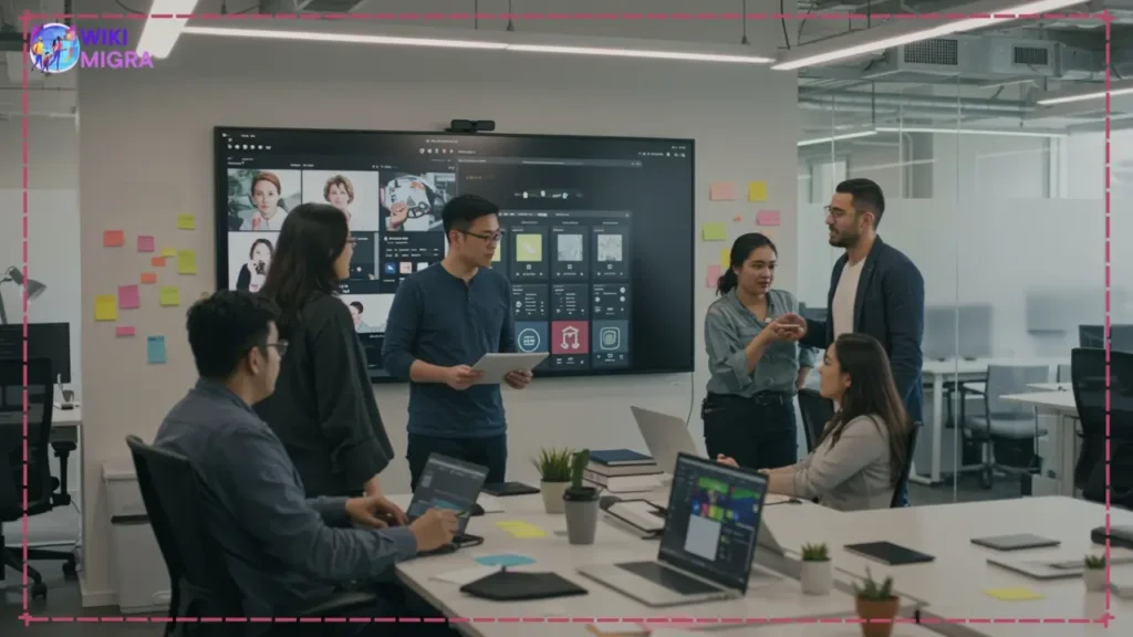 Product managers and engineers brainstorming around a digital display in a modern tech office, illustrating innovation-driven MBA career paths in technology leadership.