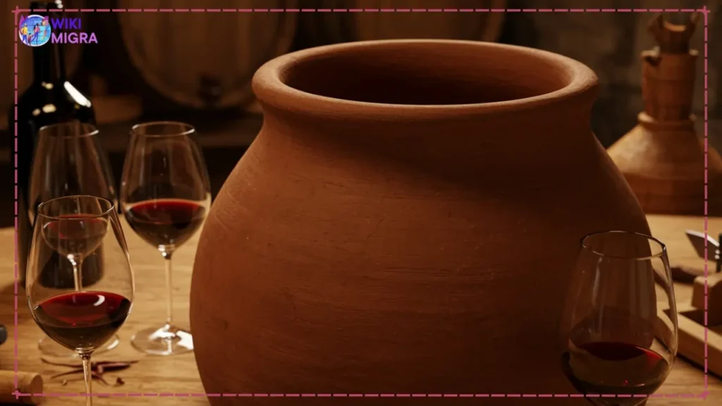 Traditional Georgian qvevri clay amphora used for wine making, with glasses of amber wine ready for tasting.