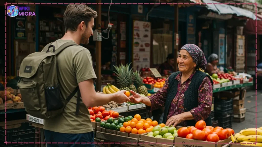 Traveler respectfully interacting with a local market vendor in Georgia, illustrating responsible tourism and supporting local businesses.