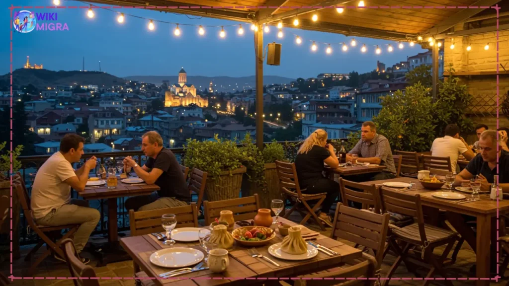 Traditional Georgian restaurant terrace in Tbilisi old town with diners enjoying affordable local cuisine and wine, demonstrating entertainment costs in Georgia.