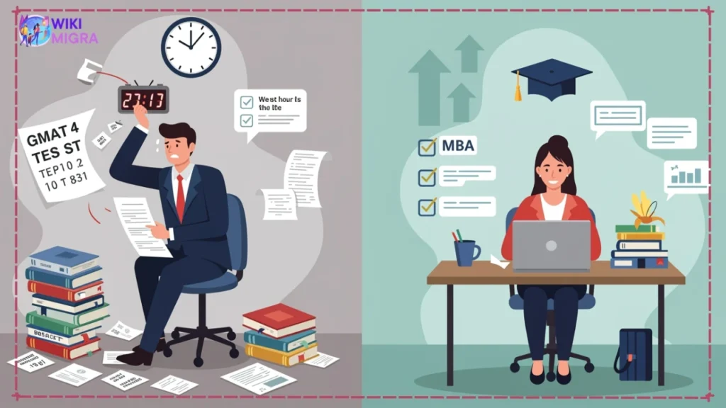 Split comparison showing stressed GMAT test preparation versus confident professional studying online MBA program without GMAT requirement