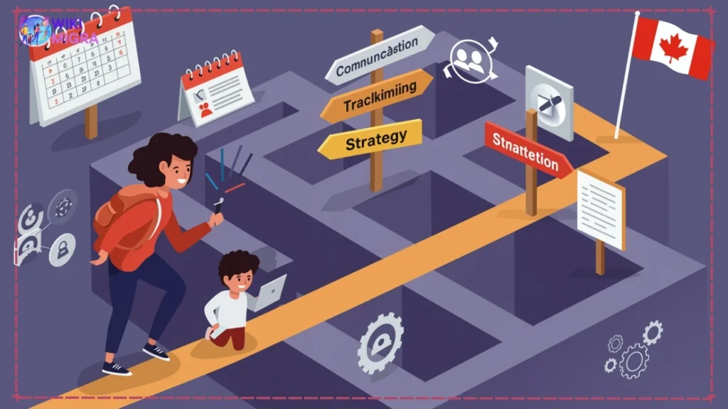 Student navigating a path with signposts showing strategies for maintaining PGWP eligibility, including course planning, tracking tools, and communication resources.