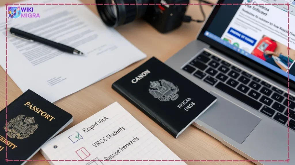 Organized desk with essential documents for Canada student visa online application including passport, acceptance letter, financial statements, and laptop showing the IRCC eligibility tool.