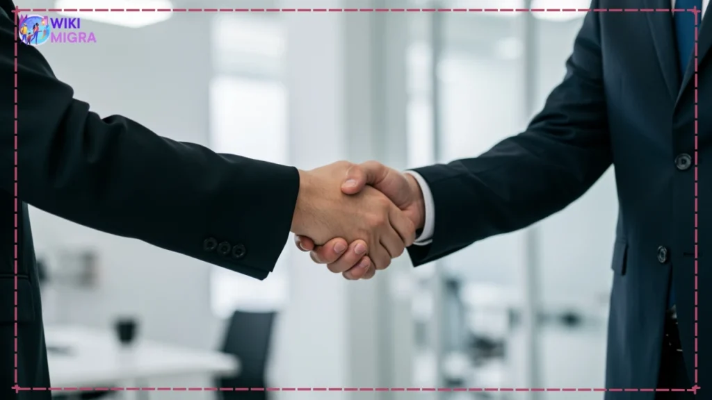 Close-up of a professional handshake between two diverse individuals in a modern Georgian office, signifying a successful job application or interview.