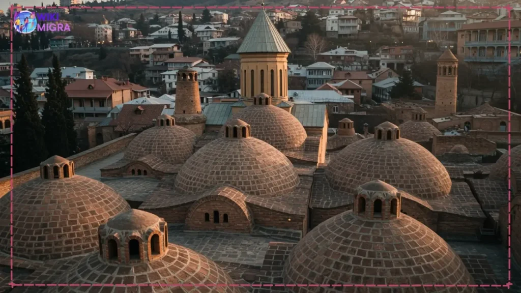 Distinctive brick domes of the historic Abanotubani sulphur baths in Tbilisi.