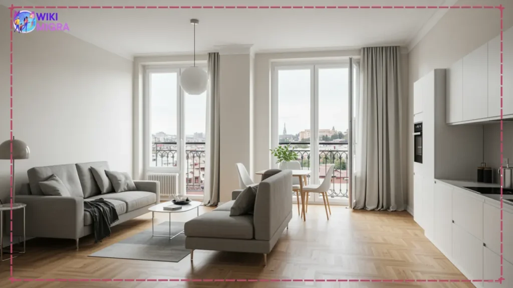 Interior of a modern Georgian apartment in Tbilisi showing what housing costs in Georgia can provide - spacious living area with natural light and city views.