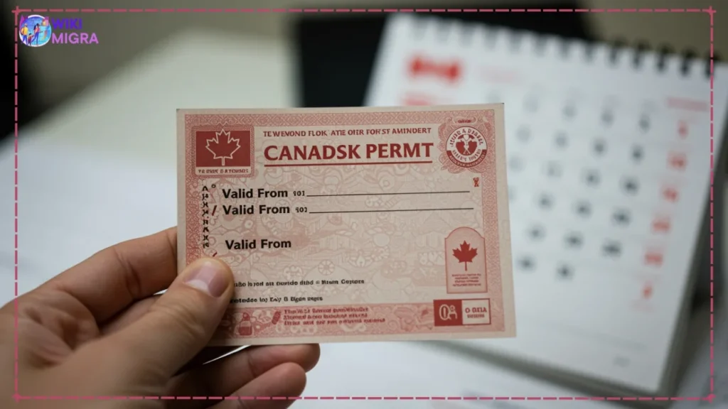 Close-up of hand holding a mock Canadian work permit highlighting the start and end dates, showing PGWP validity period.