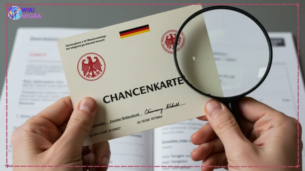 Close-up of Chancenkarte Germany document with official seals and magnifying glass
