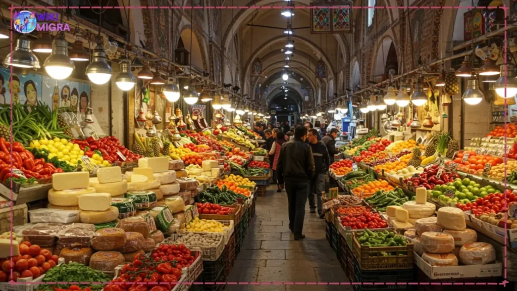 Bustling scene at Dezerter Bazaar in Tbilisi, with stalls overflowing with colorful fresh produce and local vendors.