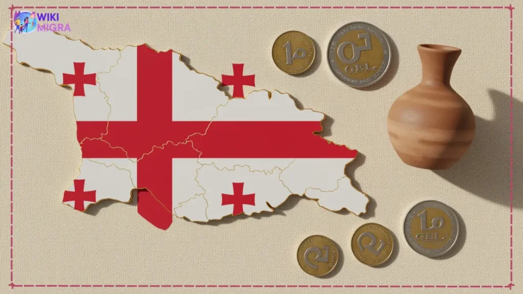 Flat lay composition representing Georgia country: includes Georgian flag, map outline, Lari currency, and a qvevri.