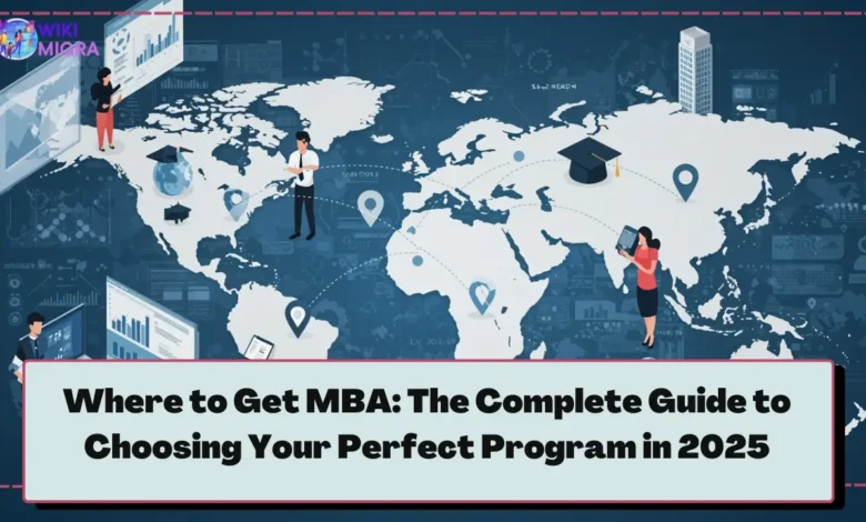Diverse business students collaborating around world map with university buildings representing global MBA program options and educational opportunities