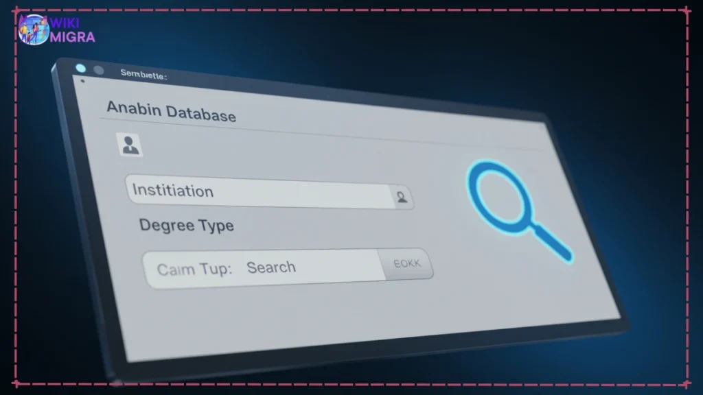 Mock-up of the Anabin database website search interface for checking foreign university and degree recognition in Germany.
