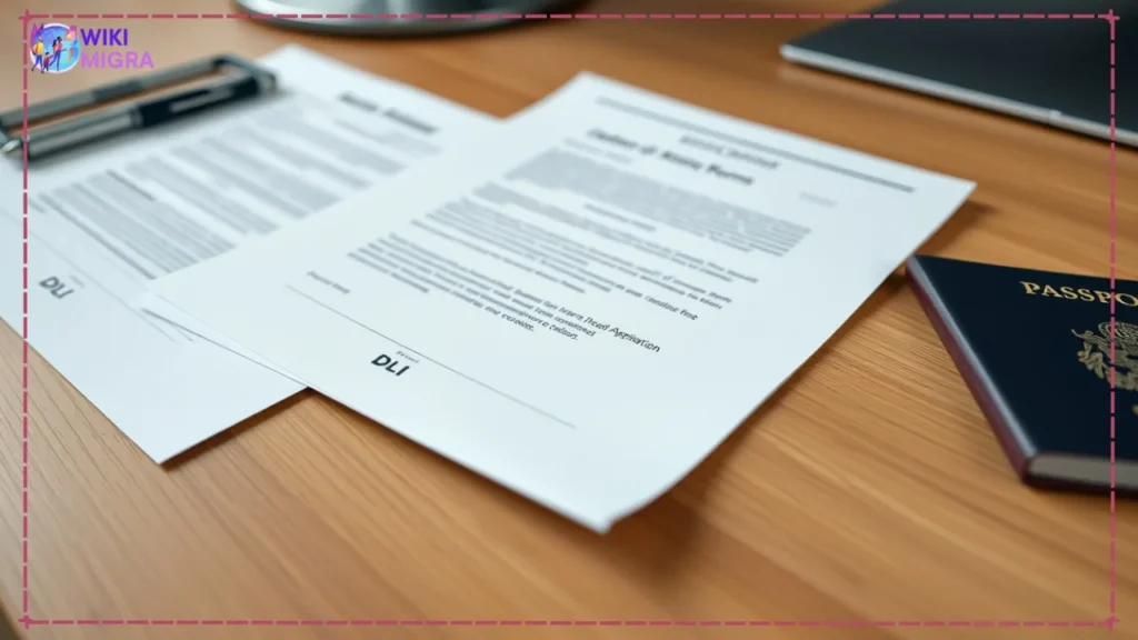 Organized documents for Canadian study permit application on a desk, showing passport and Letter of Acceptance.