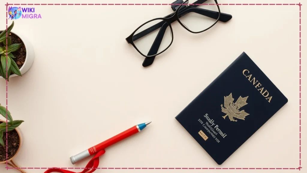 Flat lay with icons representing Canadian study permit eligibility: passport, diploma, maple leaf, checklist.