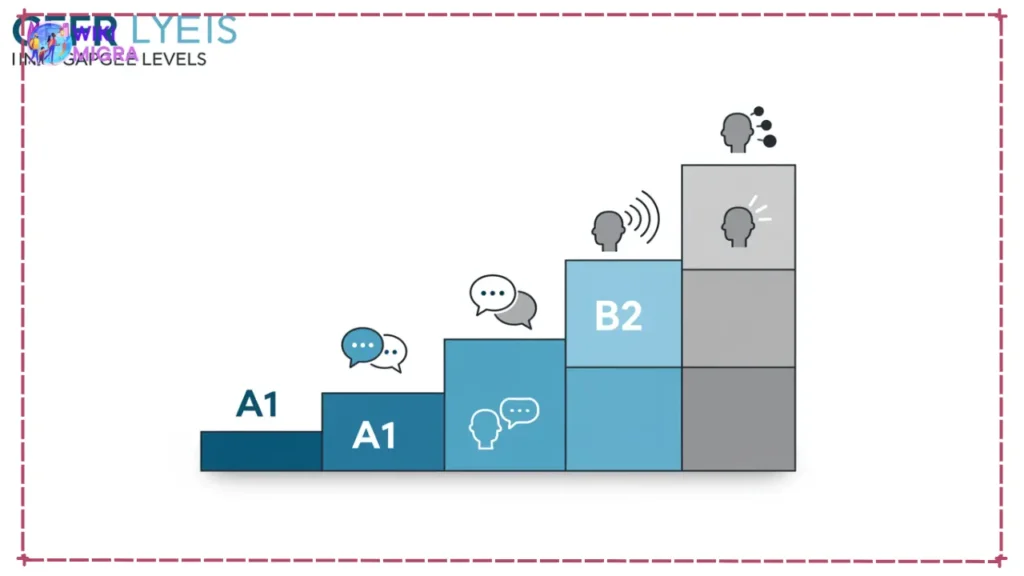 Infographic illustrating CEFR language levels A1, B1, B2, and C1 as ascending steps, signifying increasing language proficiency for German visa requirements like the Opportunity Card.