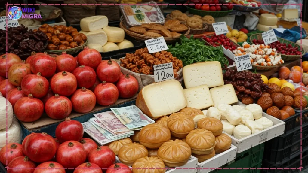 Colorful Georgian market stall with fresh pomegranates, churchkhela, local cheeses, and Lari banknotes, representing cost of living.