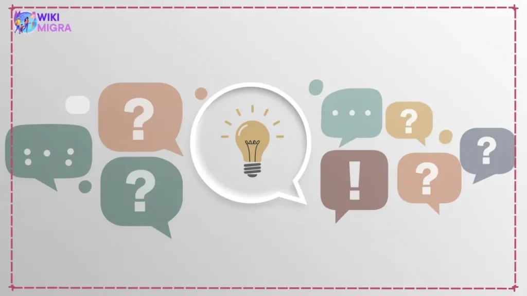 Minimalist graphic with speech bubbles containing question marks and a central lightbulb icon, representing Frequently Asked Questions about German Opportunity Card language requirements such as German A1 and English B2 proof.