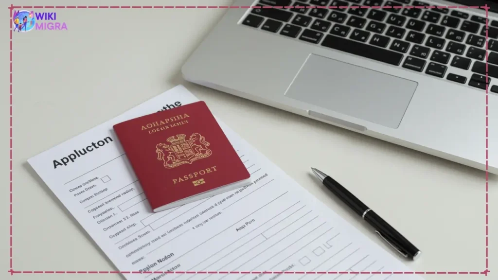 Flat lay of laptop, Georgian passport, pen, and 'Remotely from Georgia' visa application document.