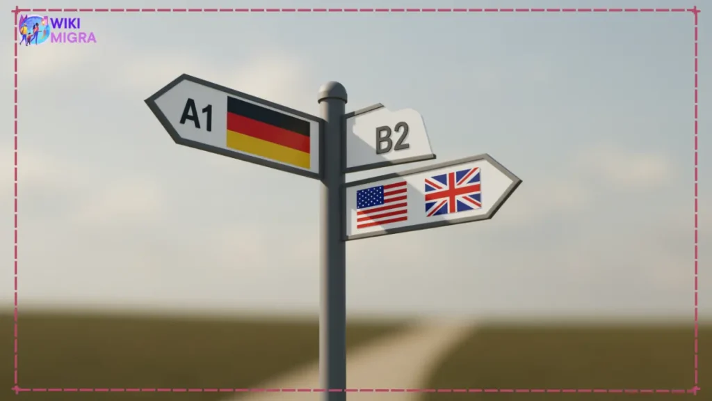 Signpost graphic showing two distinct paths: one for 'German A1 level' and another for 'English B2 level', representing minimum language requirement options for the German Opportunity Card.