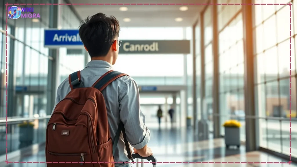 International student with backpack arriving at Canadian airport arrivals hall, signifying study permit approval.