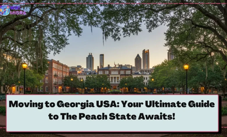 Scenic Savannah square with Spanish moss-draped oaks, a welcoming park bench, inviting people considering moving to Georgia USA.