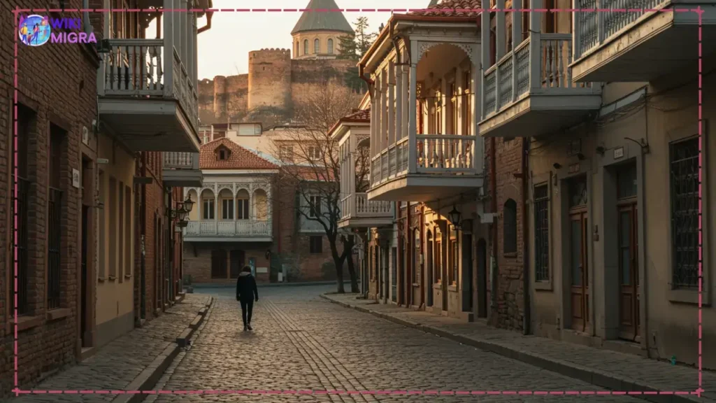 Charming street in Tbilisi's Sololaki district with traditional carved wooden balconies, cobblestones, and view of Narikala Fortress.