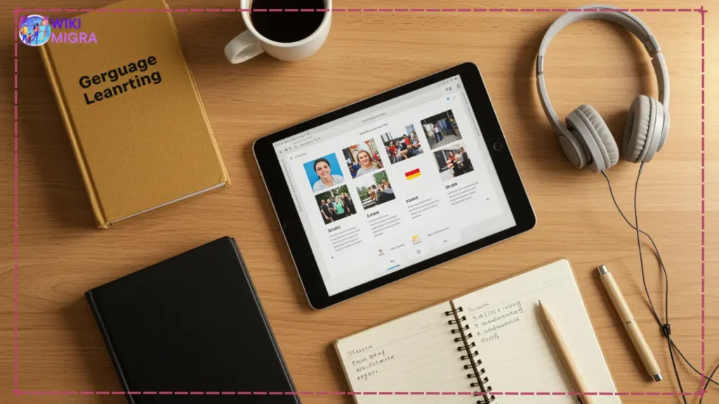 Flat lay of language learning tools including a textbook, tablet with app, headphones, and notebook, representing resources for studying to meet German or English B2 for German visa requirements.