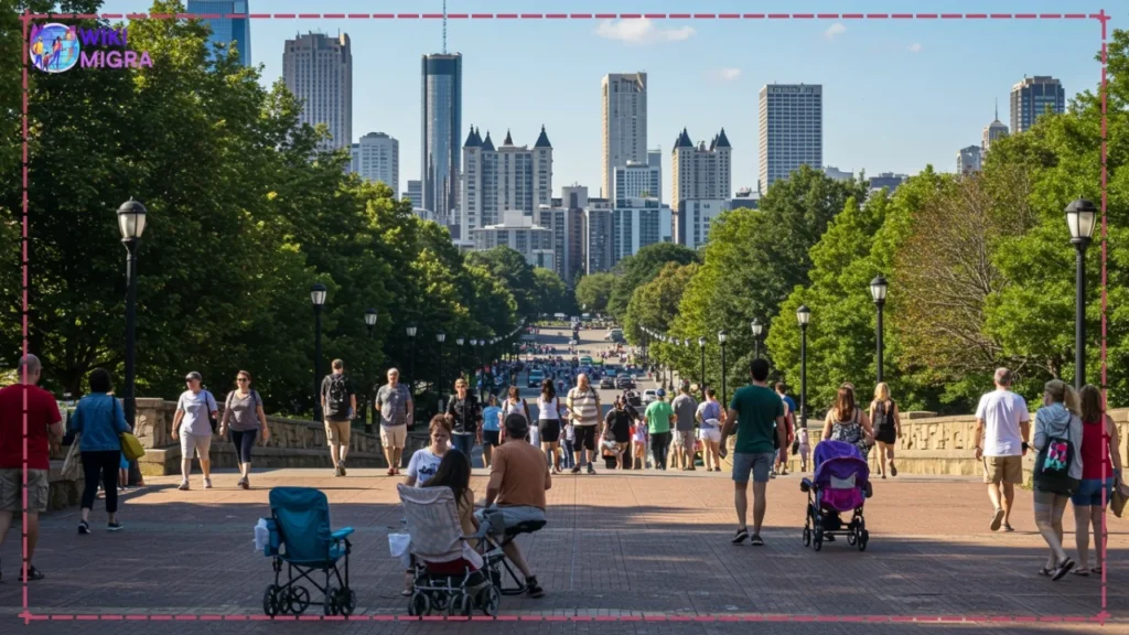 Diverse group enjoying a sunny day in Atlanta's Piedmont Park, highlighting the vibrant lifestyle and reasons for moving to Georgia USA.