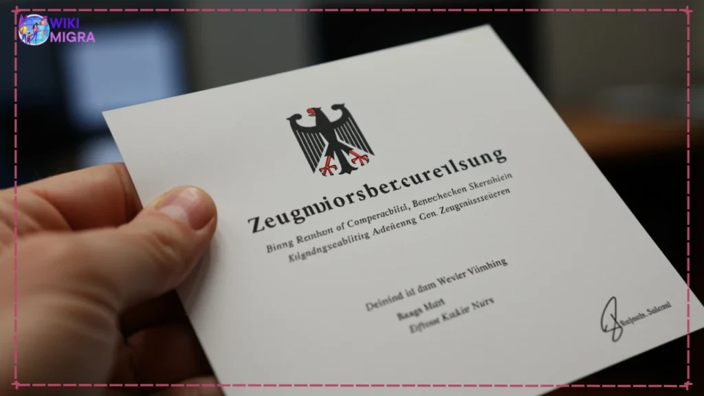 Hand holding an official ZAB Statement of Comparability (Zeugnisbewertung) document used for foreign degree assessment in Germany.