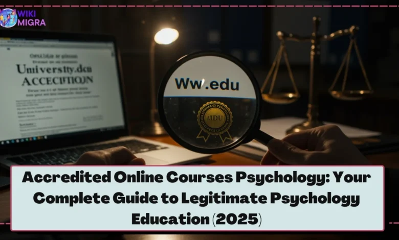 Student enrolled in accredited online courses psychology program studying on laptop at home office with psychology textbooks and accreditation certificates visible in background